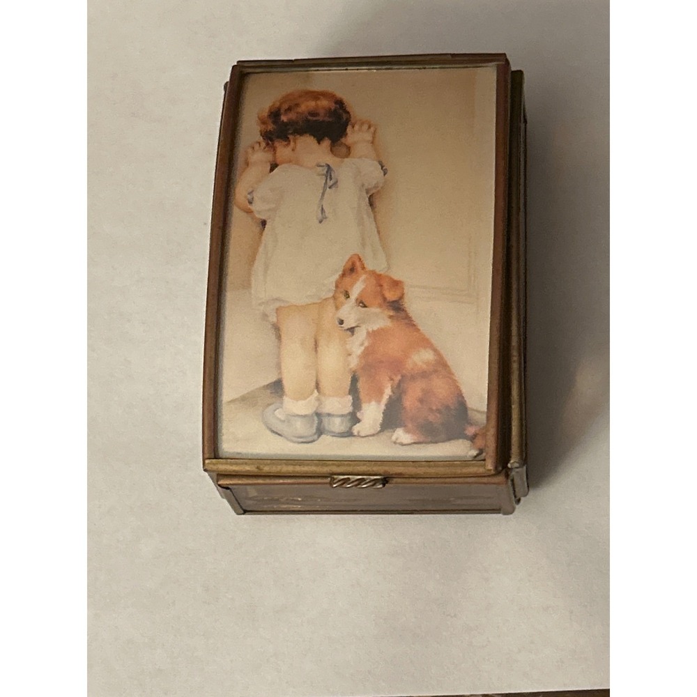 Brass Glass Trinket Jewelry Box Child Dog Via Vermont Ltd Artwork Balliol Corp